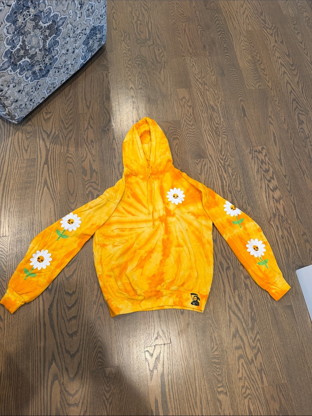 Dolls Kill Kids Orange Tie-Dye Hoodie with White Daisy Sleeves